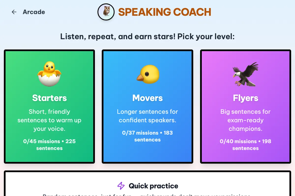 Speaking Coach: pick Starters, Movers or Flyers to practise speaking