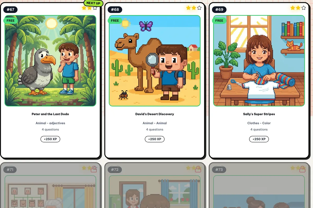 Story Tower levels: illustrated stories such as Peter and the Last Dodo